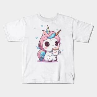 Cute unicorn with coffee Kids T-Shirt